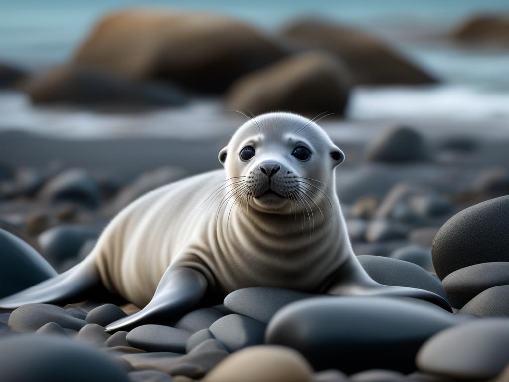 seal pup sliding on the smooth rocks of a serene beach 8k ultrarealistic cinematic 