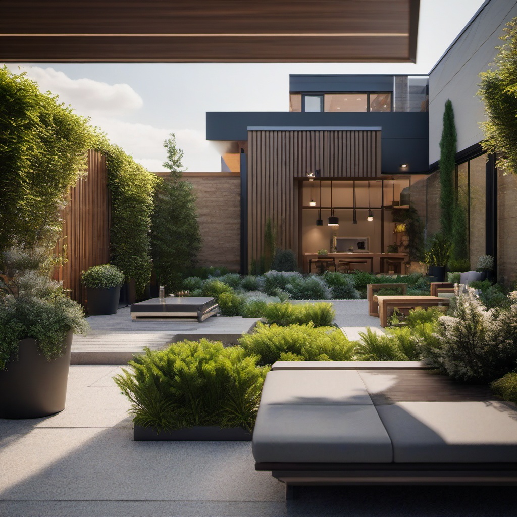 Contemporary Courtyard Escape - Design a contemporary garden courtyard for relaxation. ultra realistic, professional photography, bokeh, natural lighting, canon lens, shot on dslr 64 megapixels sharp focus