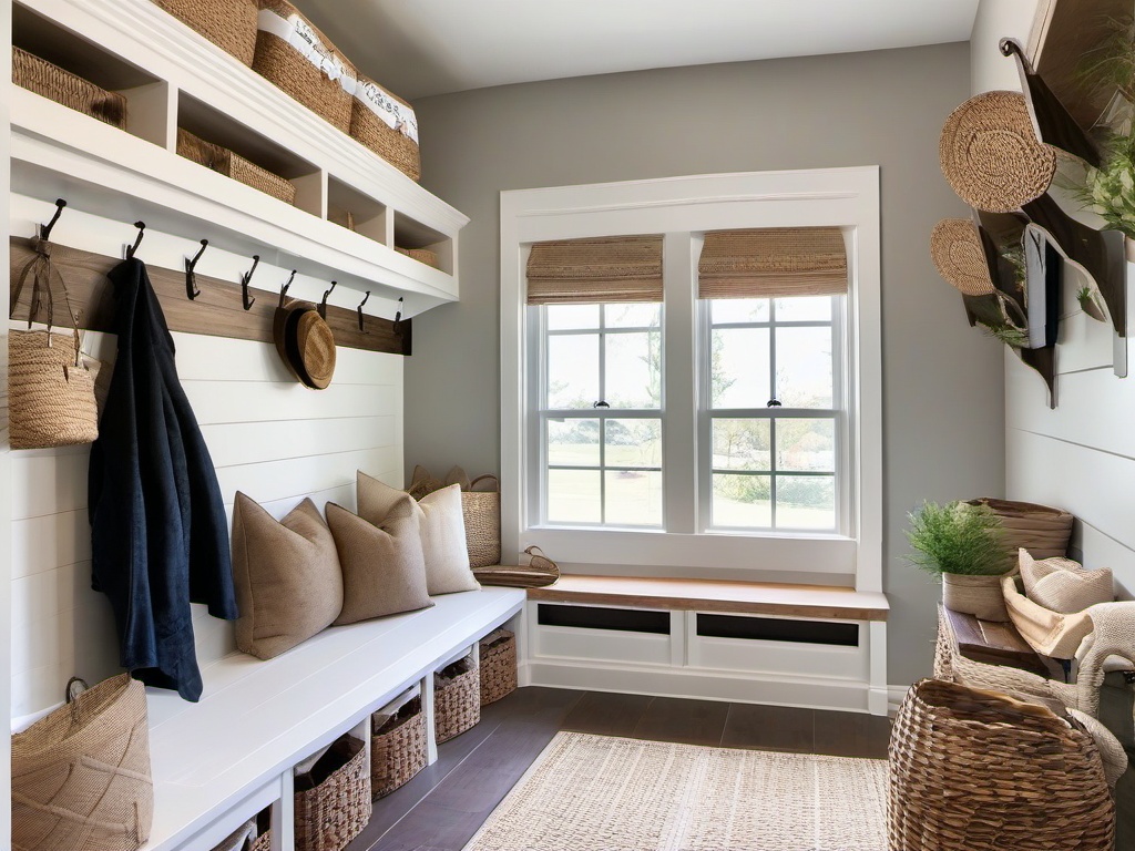 Farmhouse mudroom offers a large wooden bench, storage baskets, and rustic accents, creating a warm and welcoming environment for coming home.  