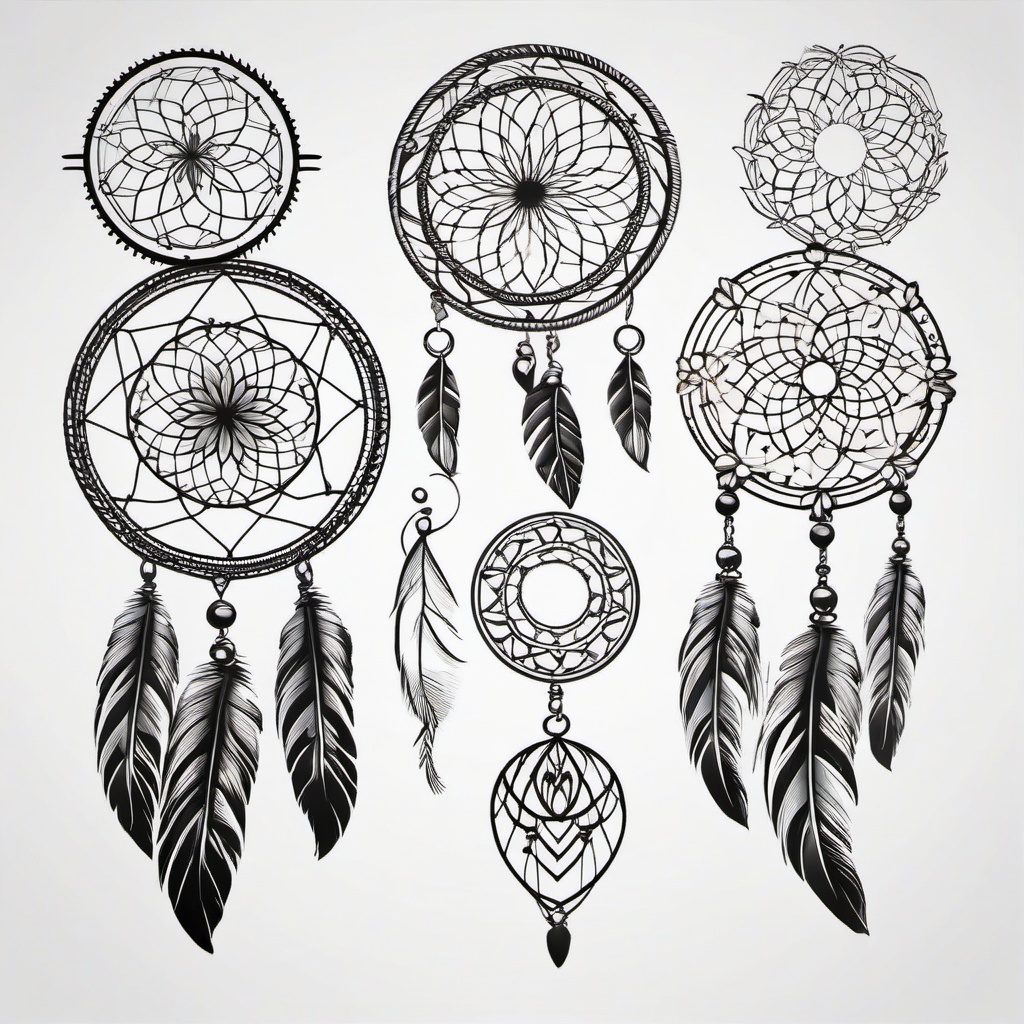 Dream Catcher Tattoo Patterns - Tattoo designs featuring intricate patterns within dream catchers.  simple vector tattoo,minimalist,white background