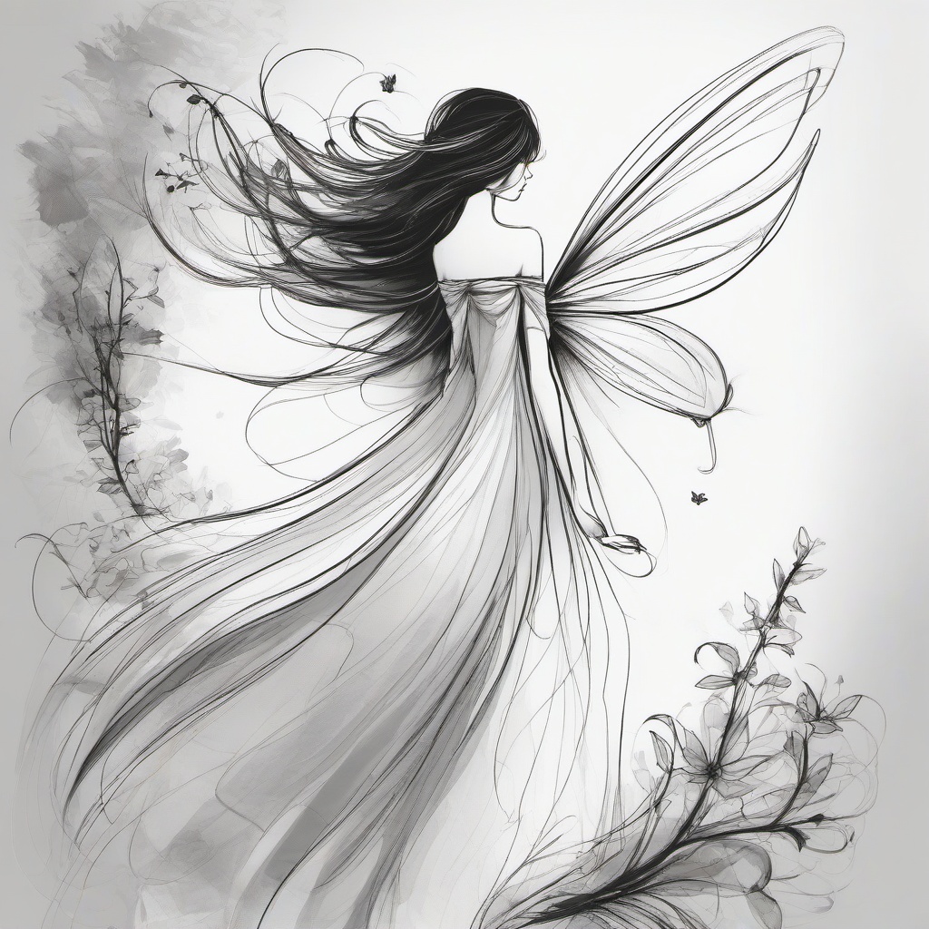 drawing of a fairy  minimal rough sketch scribbles,doodles,black and white