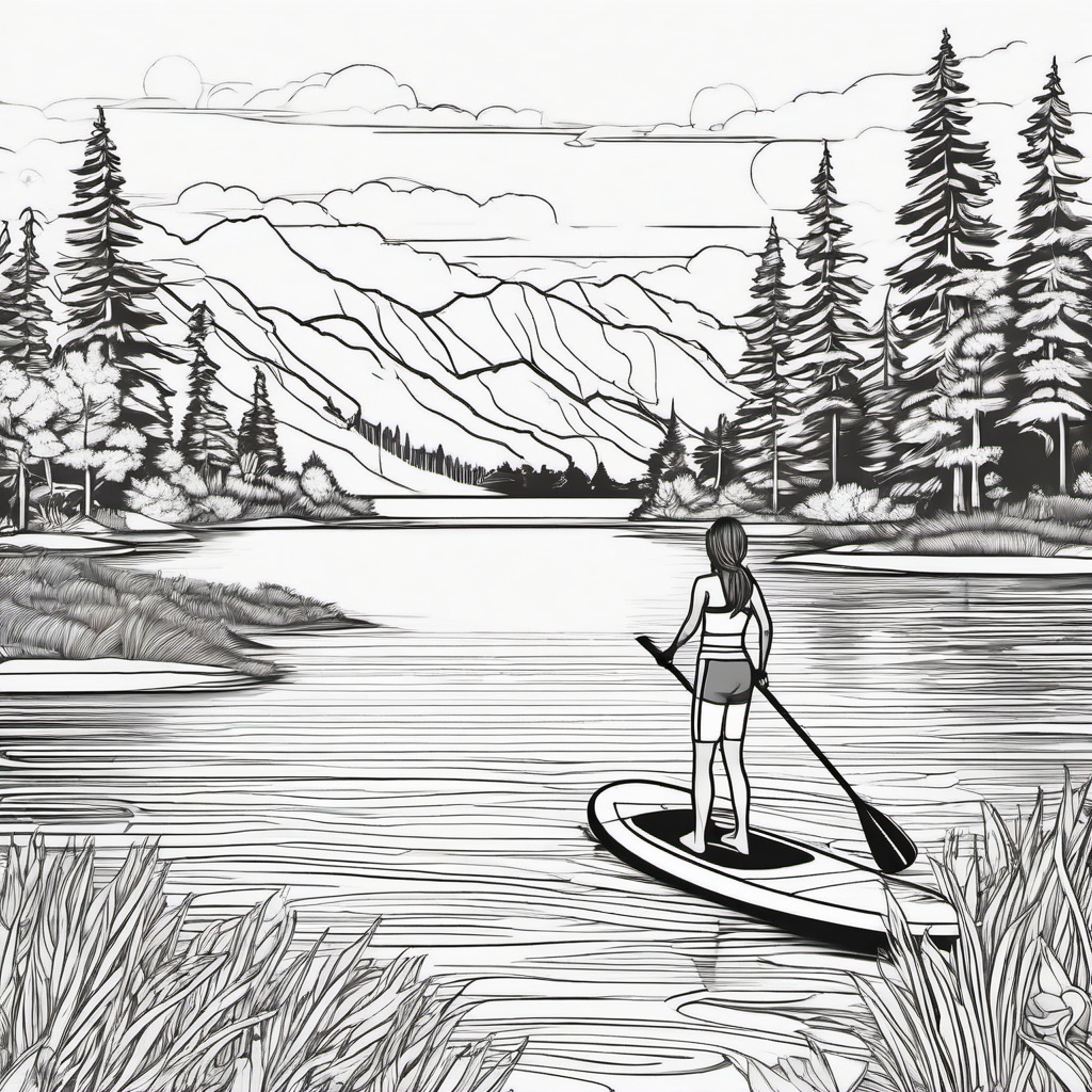 Paddleboarding on a serene lake  simple coloring pages