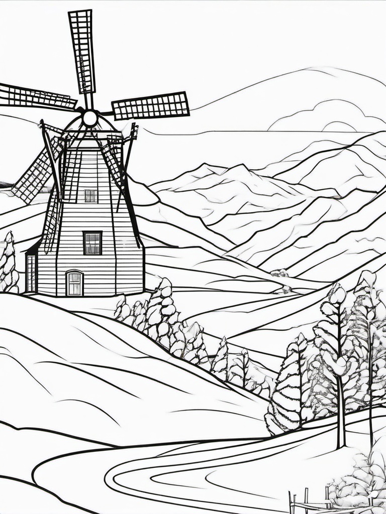 Winter Windmill Coloring Pages - Snow-Covered Windmills in Winter Landscapes  minimal black outline printable sheet, coloring page