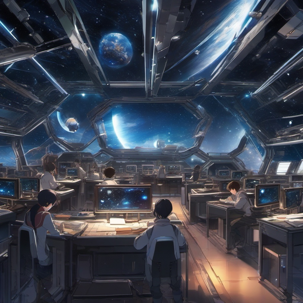 High School Space Classroom Adventures with Interstellar Students Space Anime Background intricate details, patterns, wallpaper photo