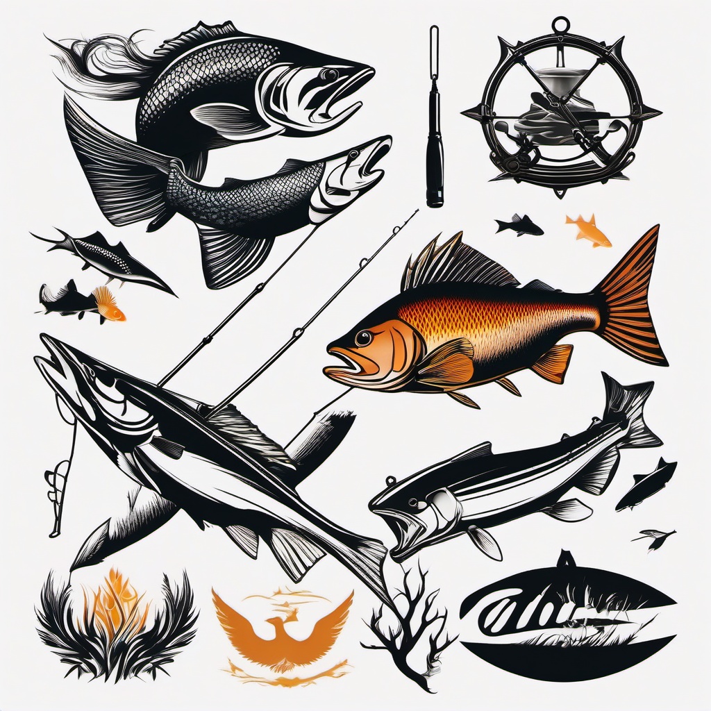 fishing and hunting tattoo designs  simple color tattoo,minimal,white background