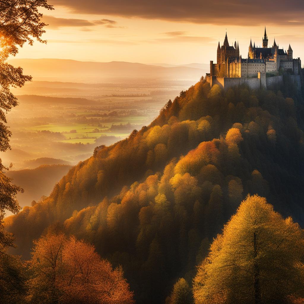 hohenzollern castle tales - illustrate the tales and history associated with hohenzollern castle, perched atop a picturesque hill. 