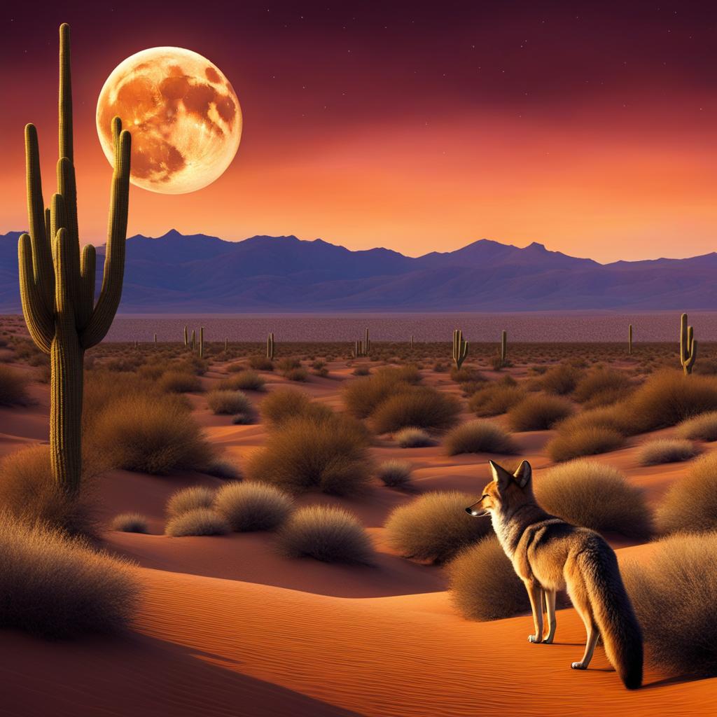 compose a surreal desert landscape with a coyote howling at the moon in the distance. 