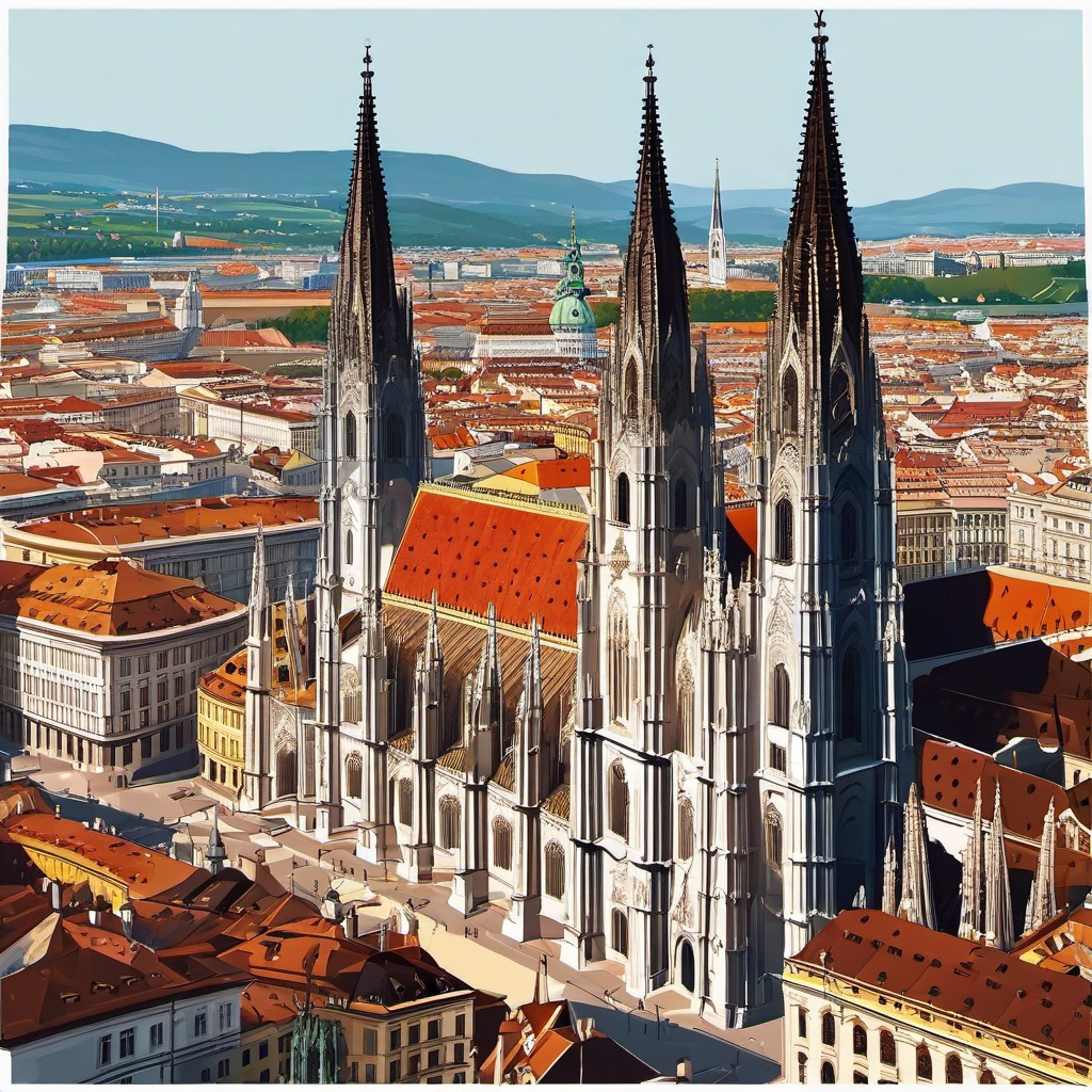 Vienna clipart - St. Stephen's Cathedral and Vienna cityscape,  color vector clipart