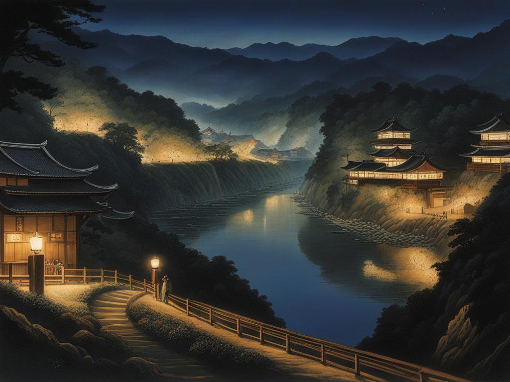 iwami ginzan silver mine - craft a historical night painting of the iwami ginzan silver mine, with lantern-lit tunnels and the mystique of japan's rich mining history. 