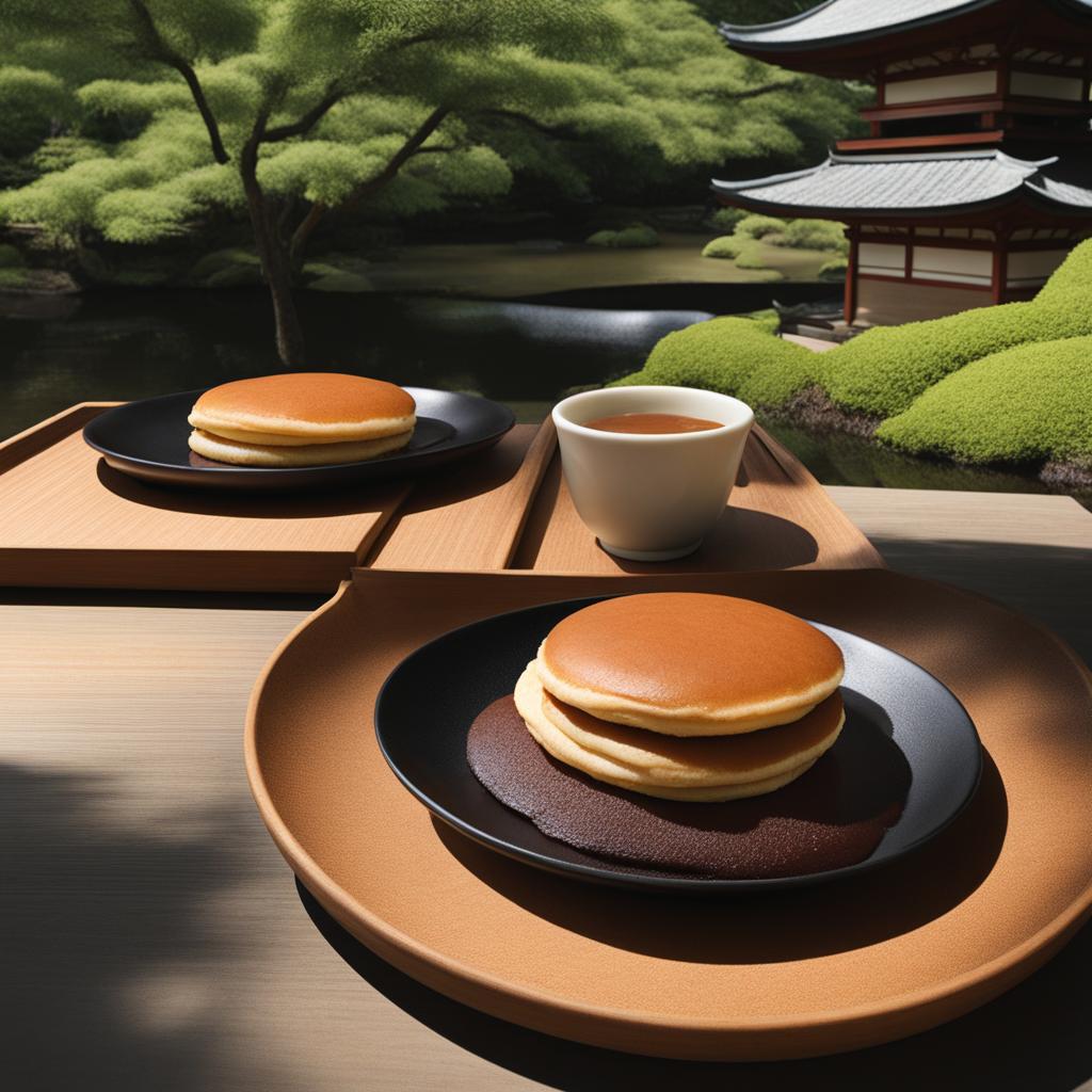 japanese dorayaki, sweet red bean pancakes, indulged at a serene zen garden. 