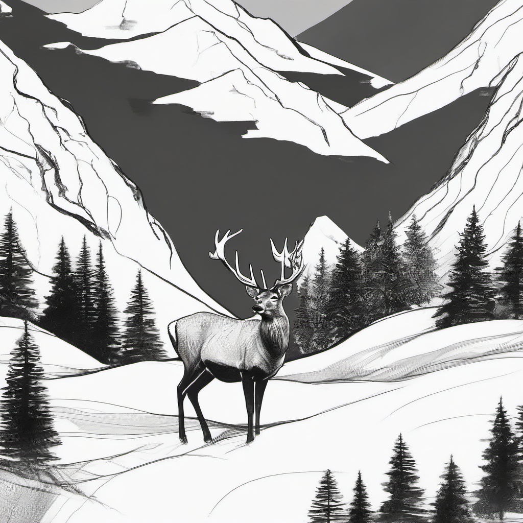 drawing of a deer in the mountains  minimal rough sketch scribbles,doodles,black and white