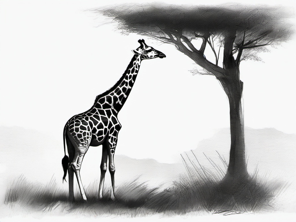 drawing of a giraffe next to a tree  minimal rough sketch scribbles,doodles,black and white