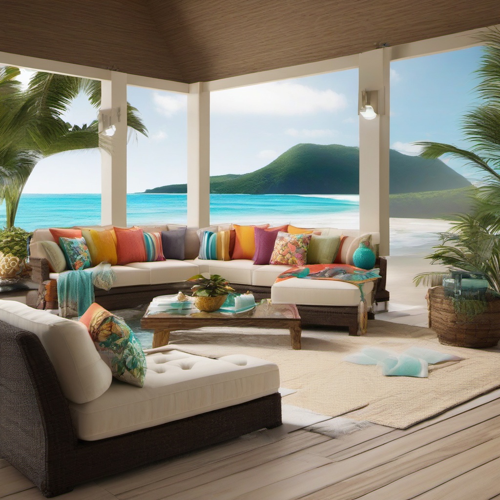 Beachfront Paradise Lounge - Create a beachfront paradise with sea-inspired decor. , living room decor ideas, multicoloured, photo realistic, hyper detail, high resolution,