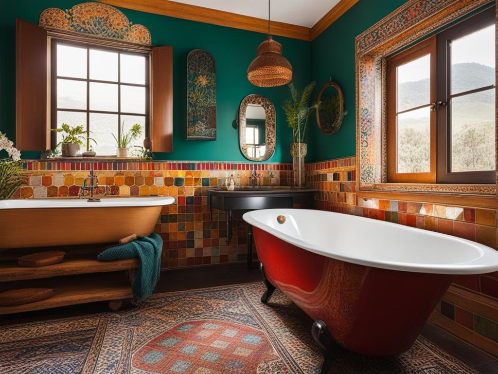 bohemian bathroom with colorful tiles and a clawfoot tub. 