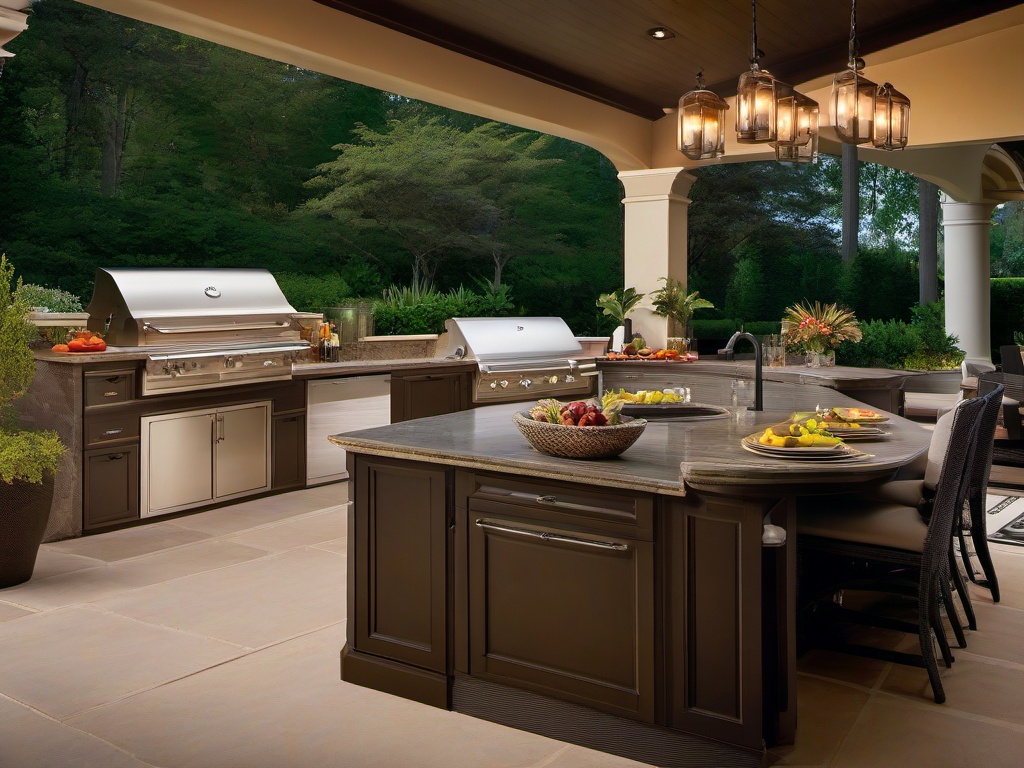 In the outdoor kitchen, Regency interior design showcases elegant cabinetry, polished countertops, and tasteful decor that elevate cooking and entertaining experiences in a refined setting.  