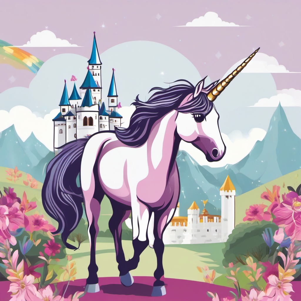 Unicorn clipart - unicorn with a castle in the background  