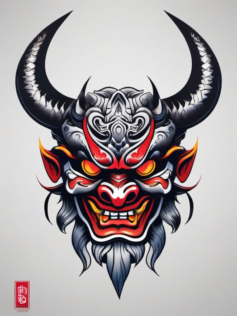 oni mask tattoo design  simple color tattoo,white background,minimal