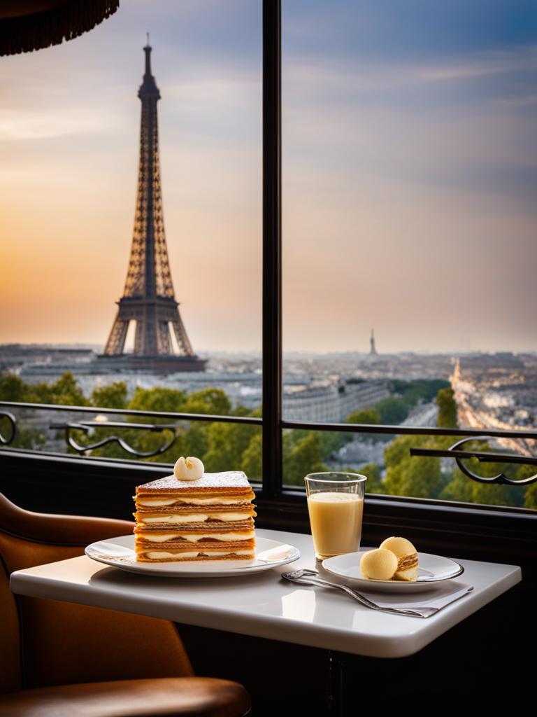 mille-feuille, a delicate french pastry, savored at an elegant café with a view of the eiffel tower. 