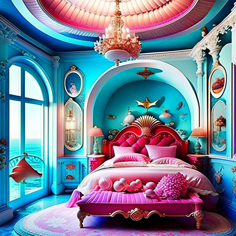 underwater palace bedroom with coral-inspired furniture and seashell chandelier. 