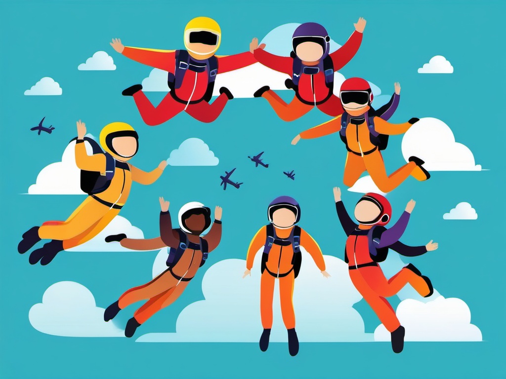 Skydiving Team Formation Clipart - Skydivers forming a team formation in the sky.  color vector clipart, minimal style