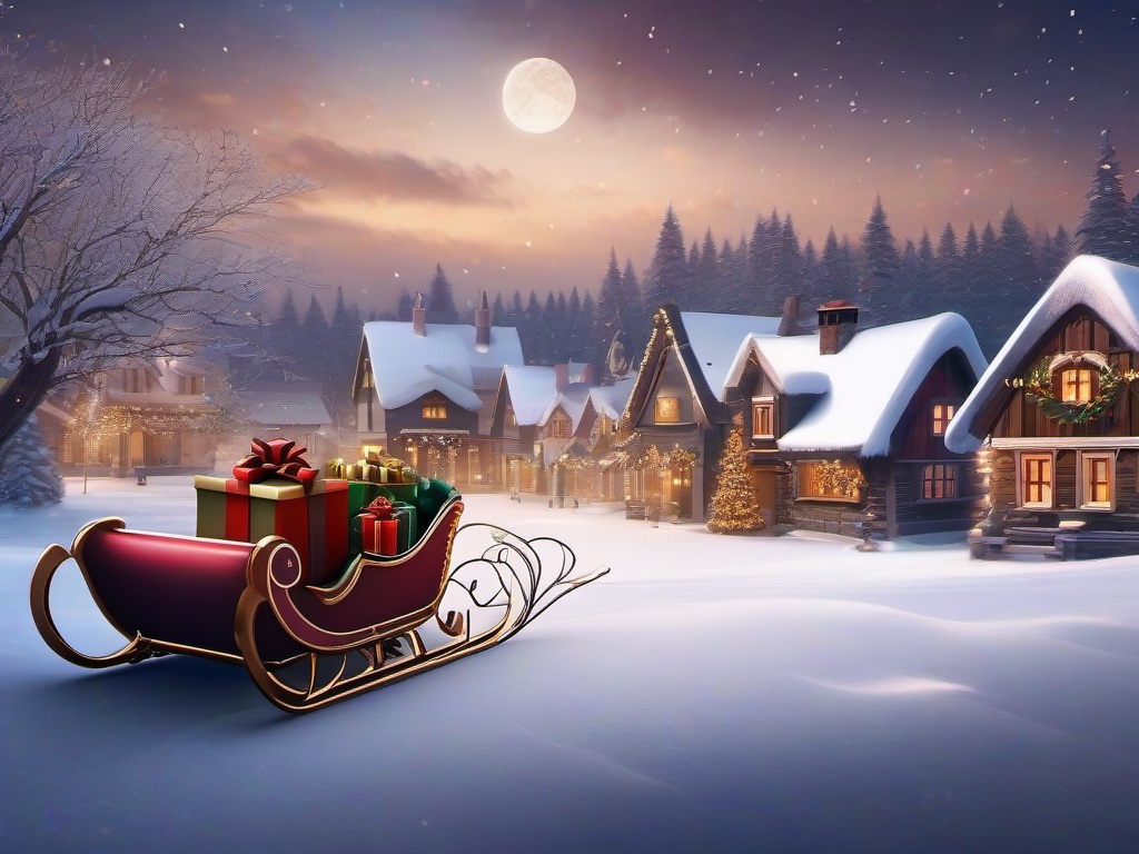 Christmas wallpaper - Sleigh with presents parked in front of a snowy village  aesthetic background wallpaper