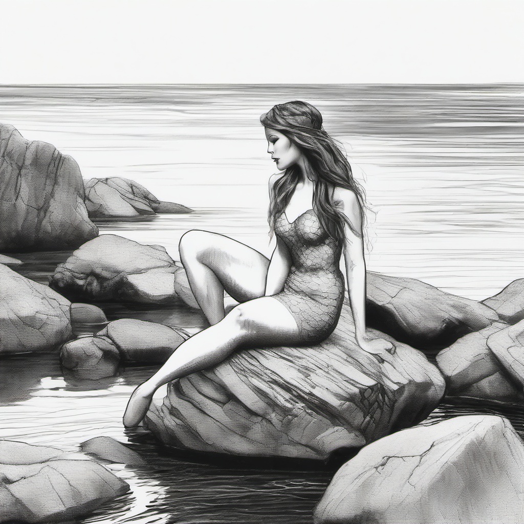 drawing of a mermaid on a rock  minimal rough sketch scribbles,doodles,black and white