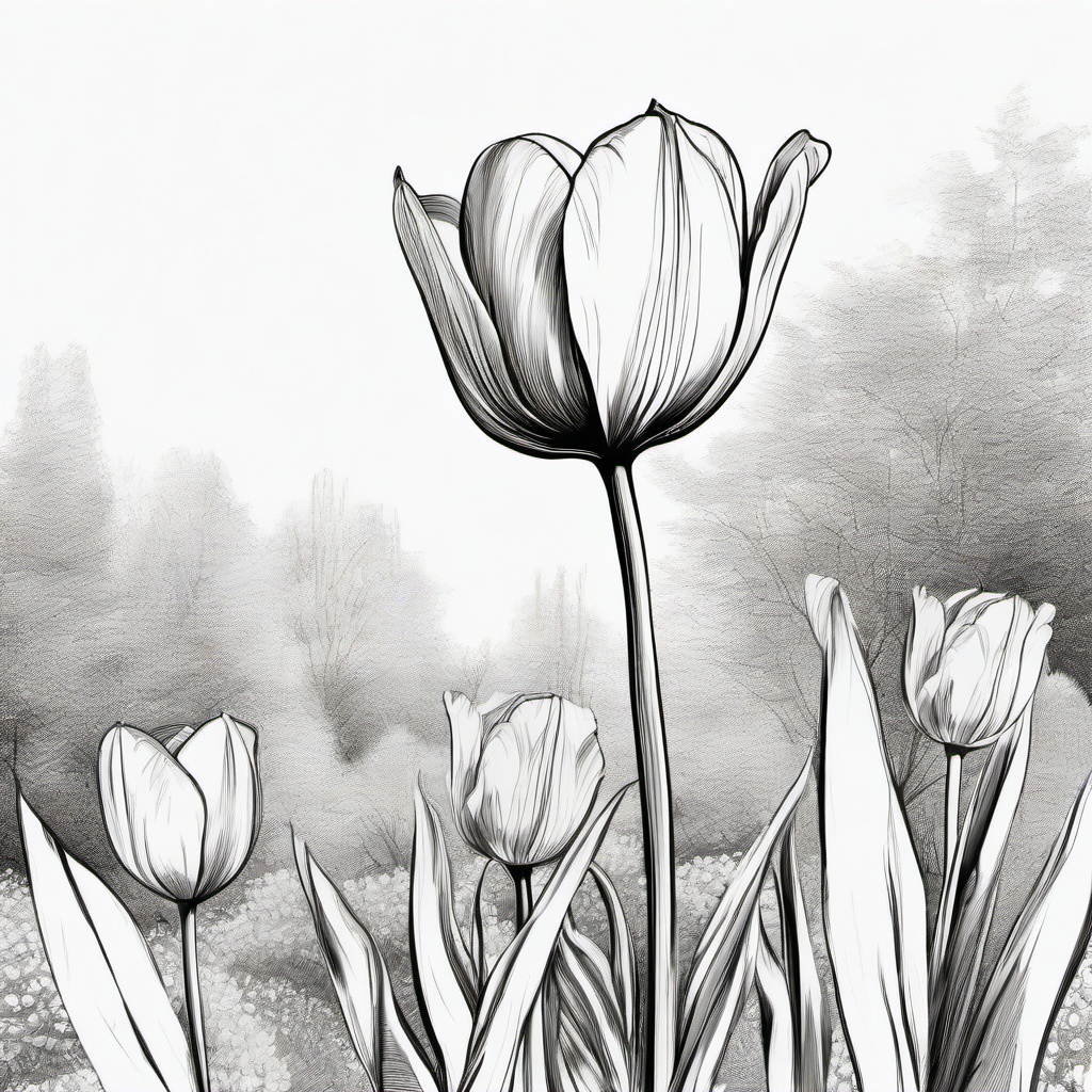 drawing of a tulip in a garden  minimal rough sketch scribbles,doodles,black and white