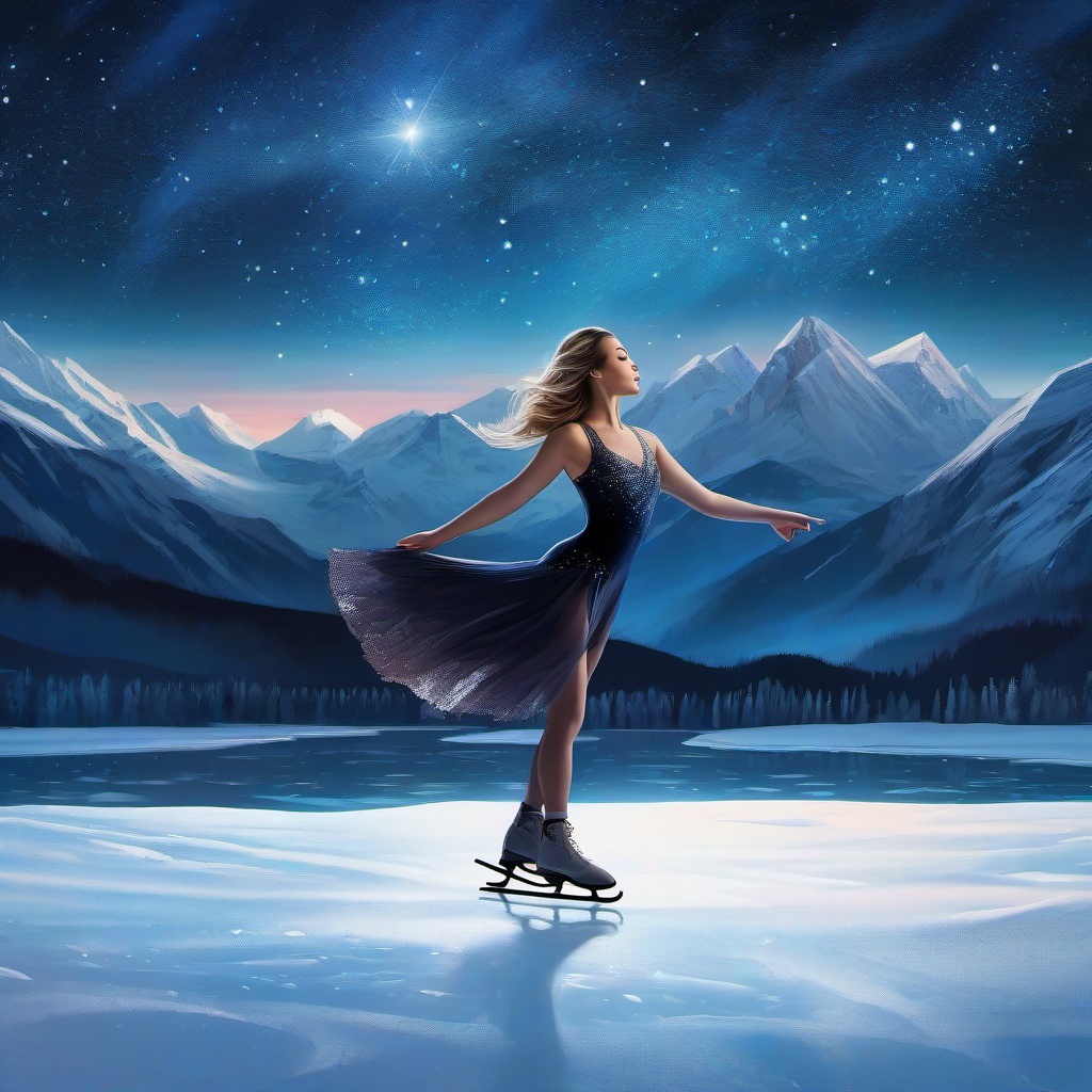 Female figure skater on frozen lake surrounded by crystal mountains at starry night.