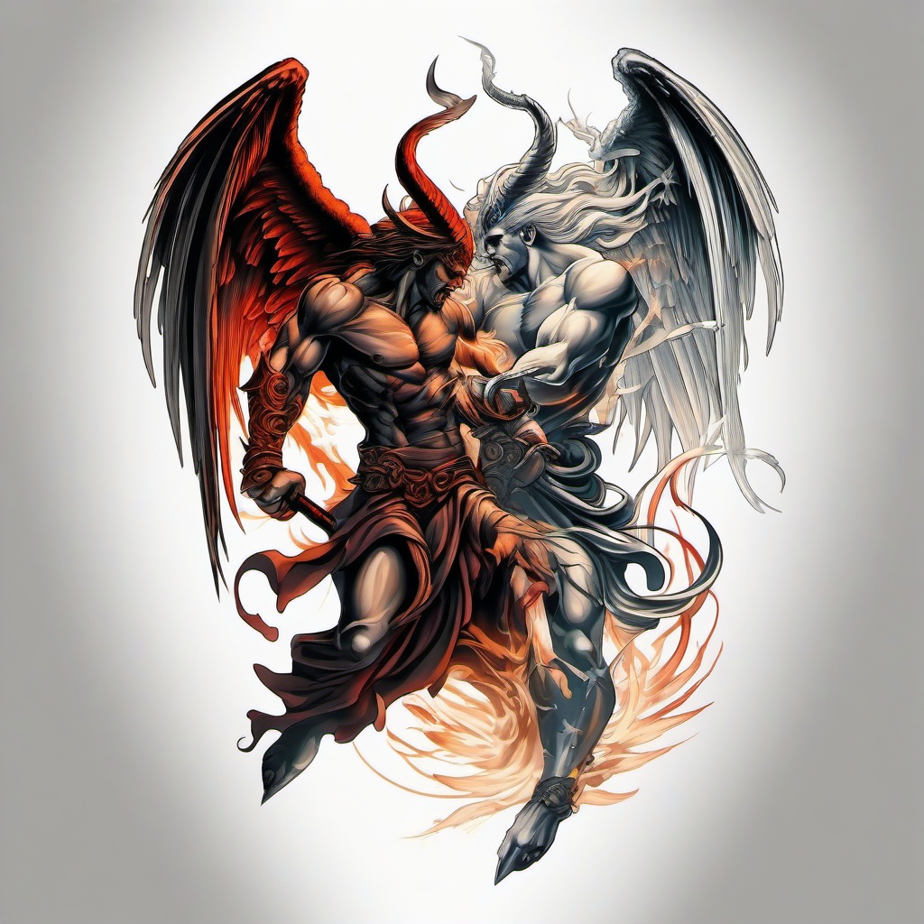 Demon Fighting Angel Tattoo-Dynamic and intense tattoo design depicting a battle between a demon and an angel.  simple color tattoo,white background