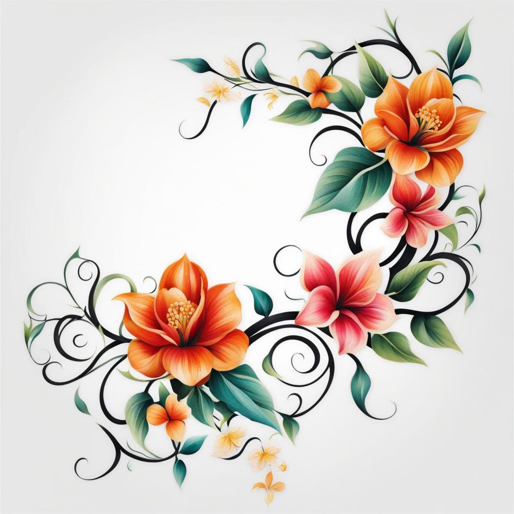 Floral vine tattoo, Elegant tattoos featuring vines adorned with floral elements.  vivid colors, white background, tattoo design