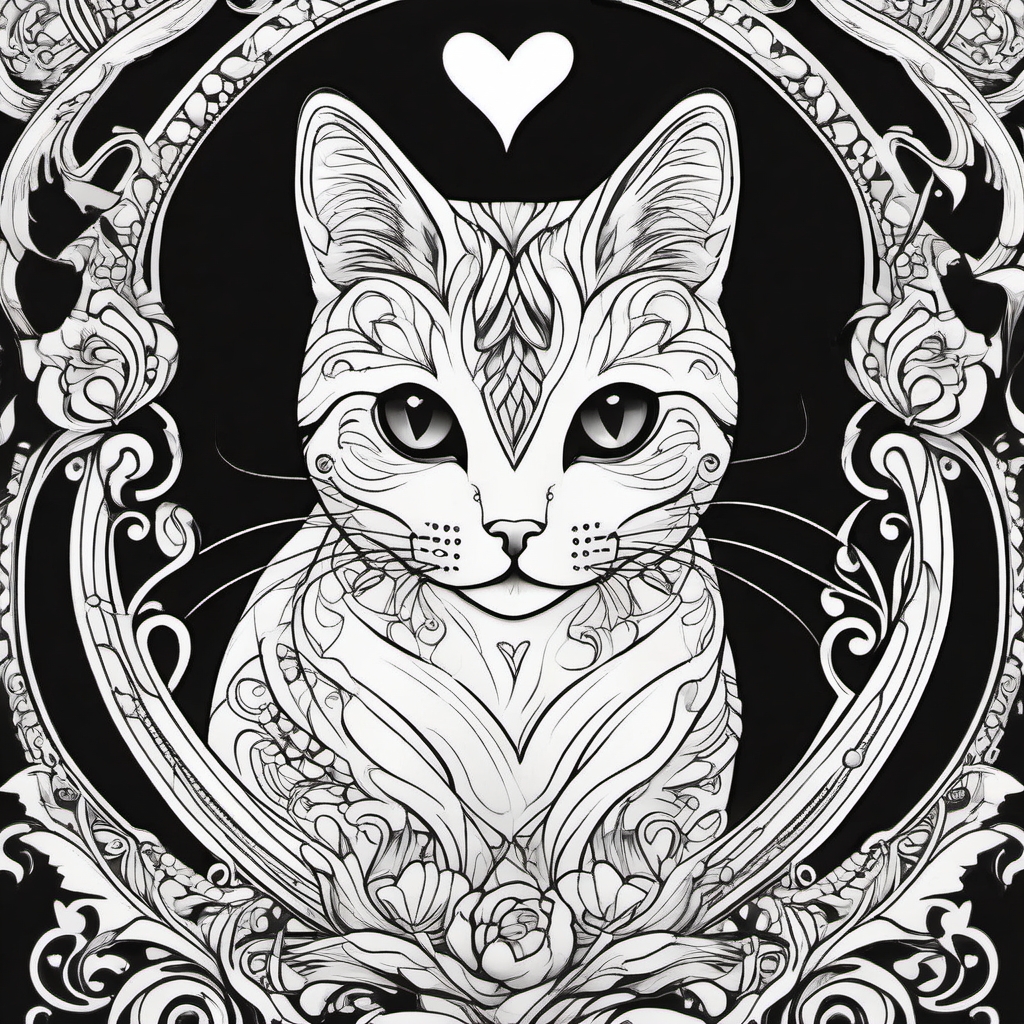 Symbol of love and affection with a cat featuring a heart-shaped tail ink: Tattooed sweetness.  black white outline tattoo, white background