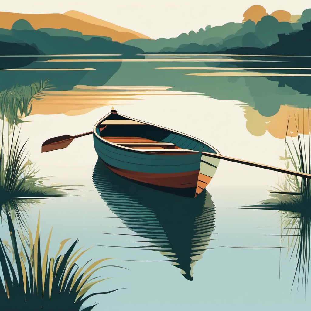 Rowboat Clipart - A rowboat on a peaceful pond.  color vector clipart, minimal style