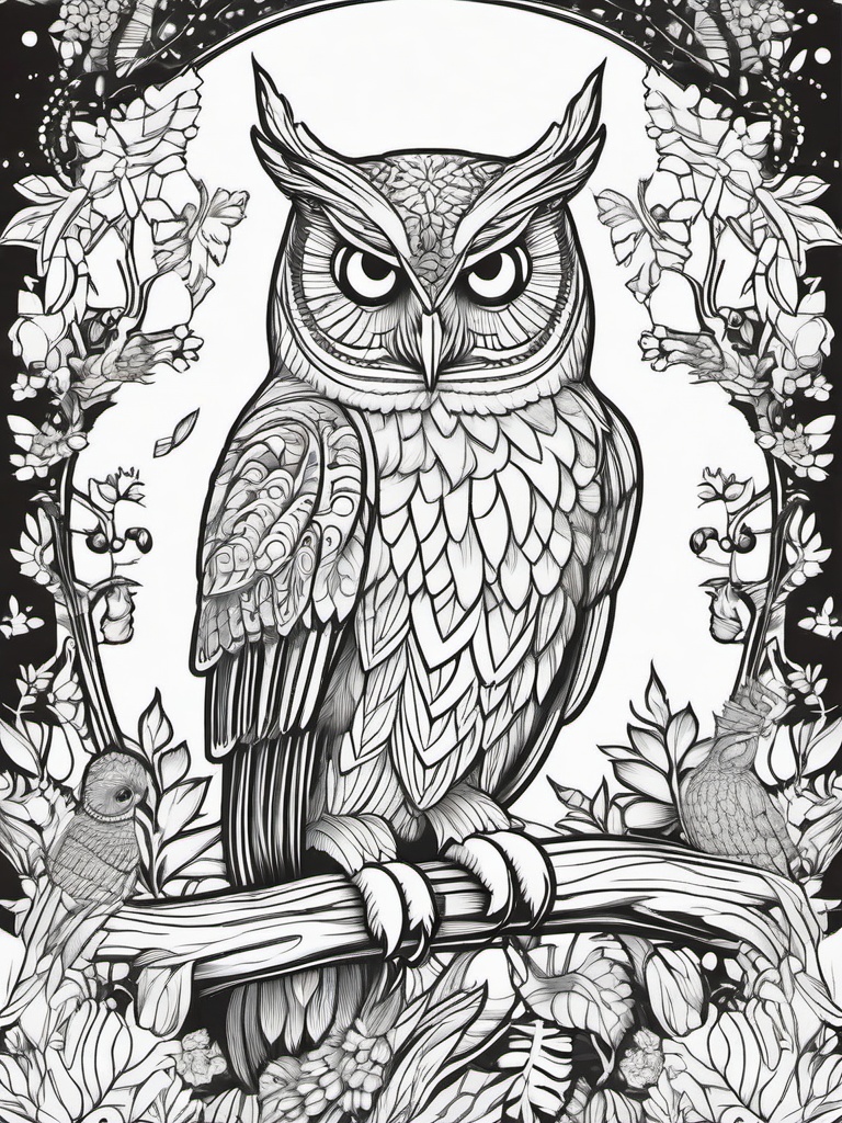 Owl Coloring Pages - Owl surrounded by magical creatures  simple coloring pages