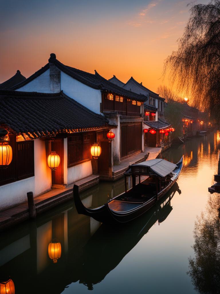 zhouzhuang water town - create a night scene of zhouzhuang, the venice of the east, with its picturesque canals, ancient bridges, and traditional houses glowing with lantern light. 