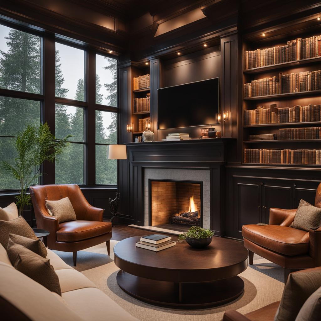 cozy home library with built-in bookshelves and a fireplace. 