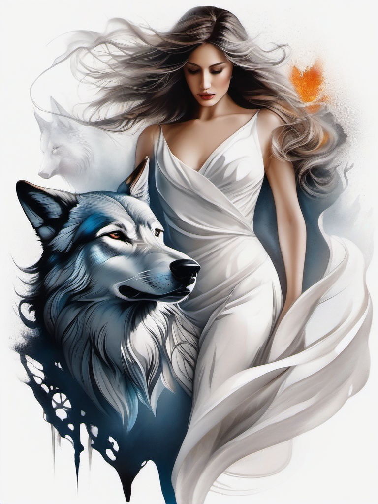 Wolf and Woman Tattoo,poetic dance of a woman and a wolf in ink, fusion of elegance and untamed spirit. , color tattoo design, white clean background