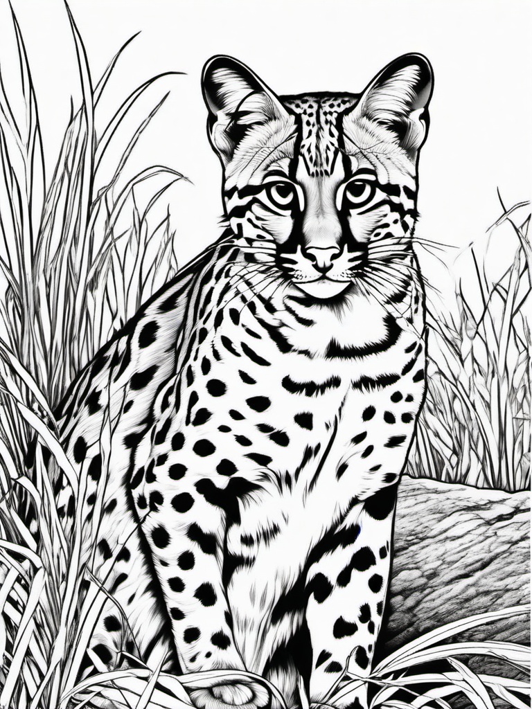 Ocelot Coloring Pages - Small Spotted Wild Cat  black outline printable coloring page