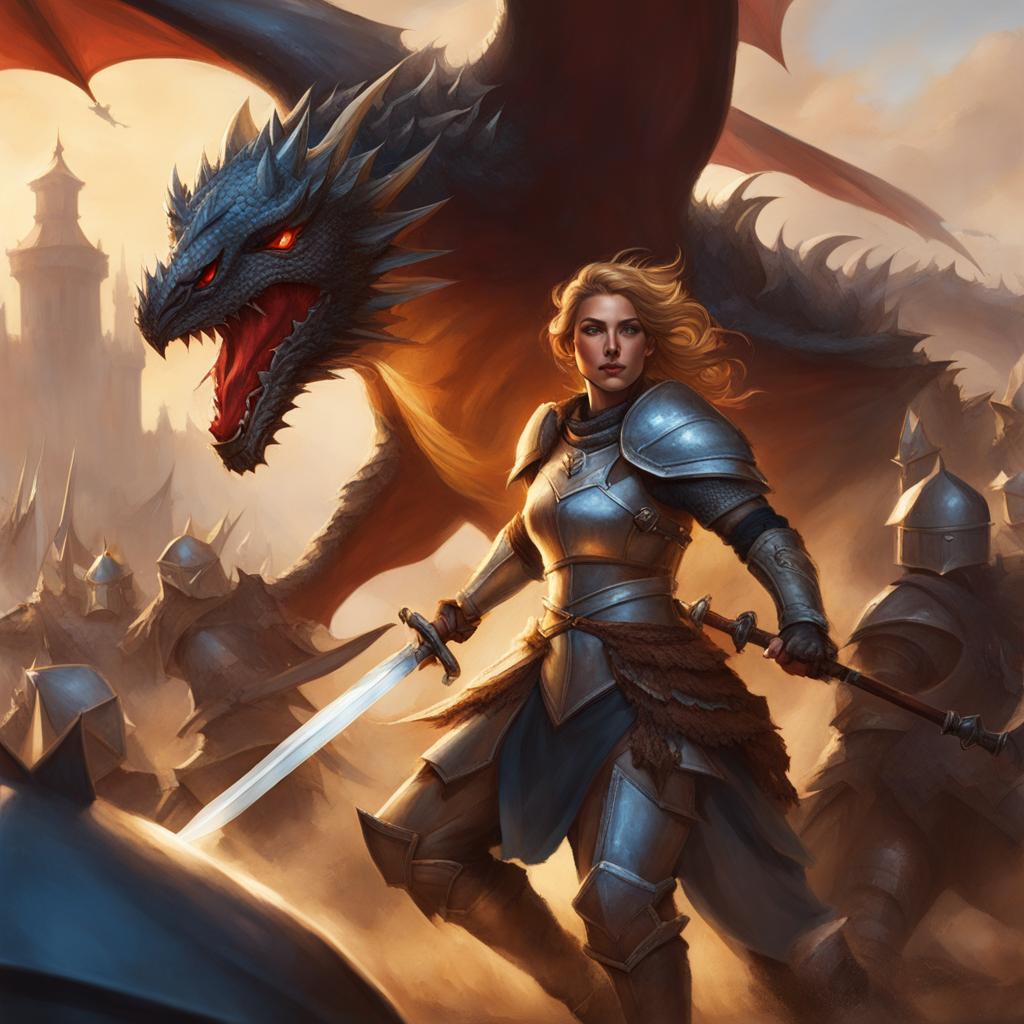 thalia brightblade, a human fighter, is leading a charge of knights against a dragon. 