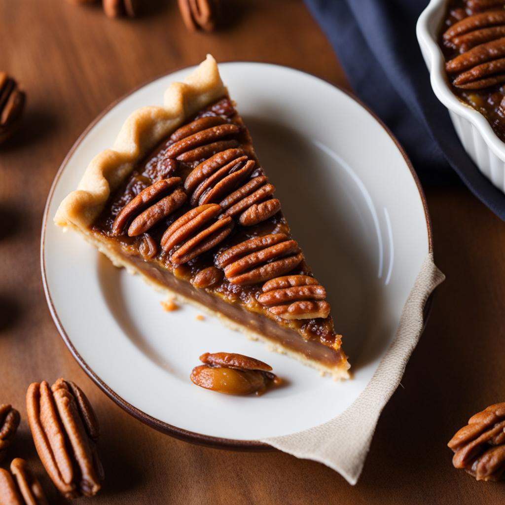 a slice of classic pecan pie, featuring a sweet and nutty filling in a buttery pastry shell. 