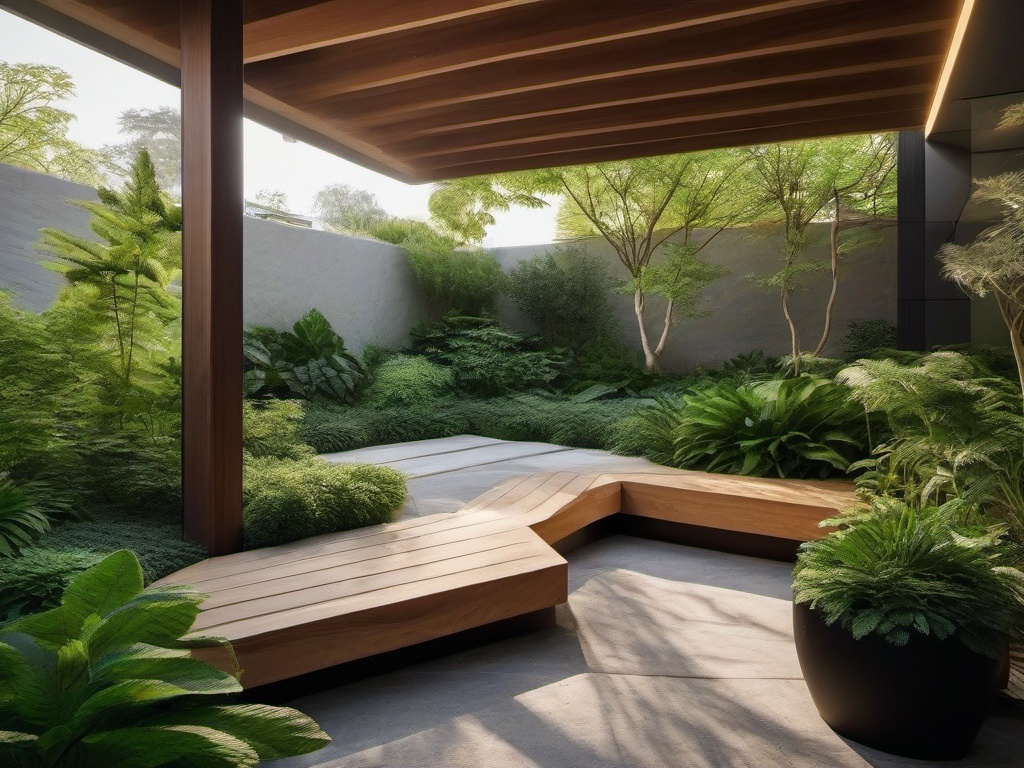 Biophilic interior design in the garden features natural stone pathways, wooden seating, and abundant greenery, creating a tranquil outdoor space for relaxation and enjoyment.  