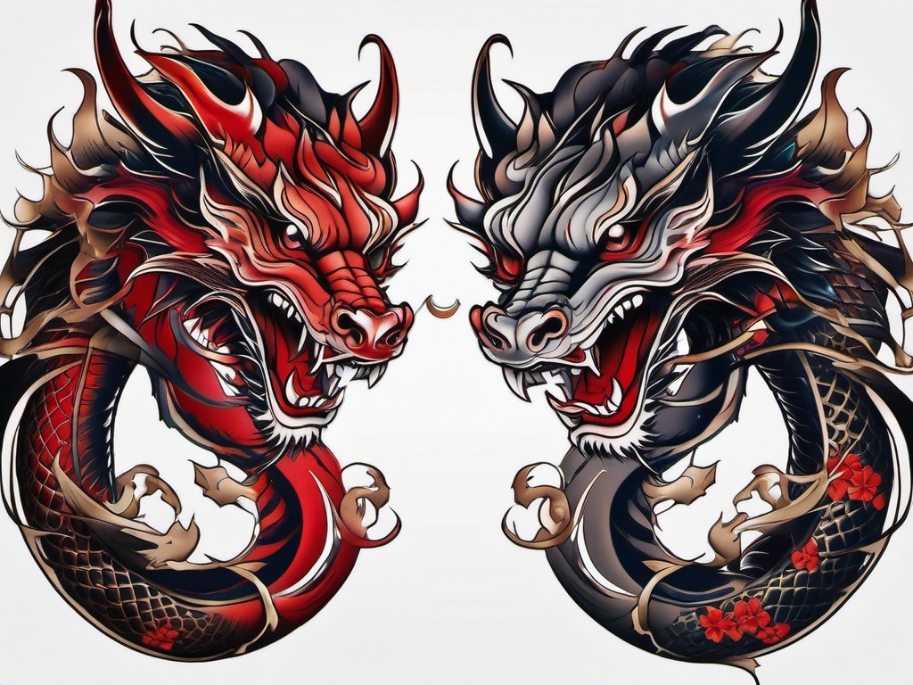 dragon and hannya tattoo  simple color tattoo,white background,minimal