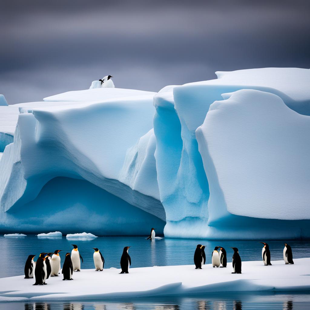 antarctic icebergs, an otherworldly landscape with towering ice formations and penguins. 