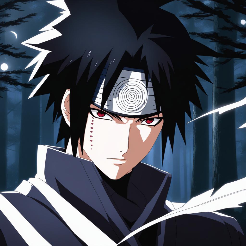 sasuke uchiha activates his sharingan, preparing for a confrontation in a moonlit forest. 