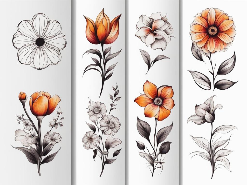 Flower tattoo, Tattoos featuring various types of flowers, symbolizing beauty and nature. colors, tattoo patterns, clean white background