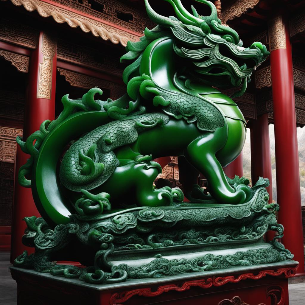 jade dragon nestled within a serene jade temple, its scales resembling precious green stones. 