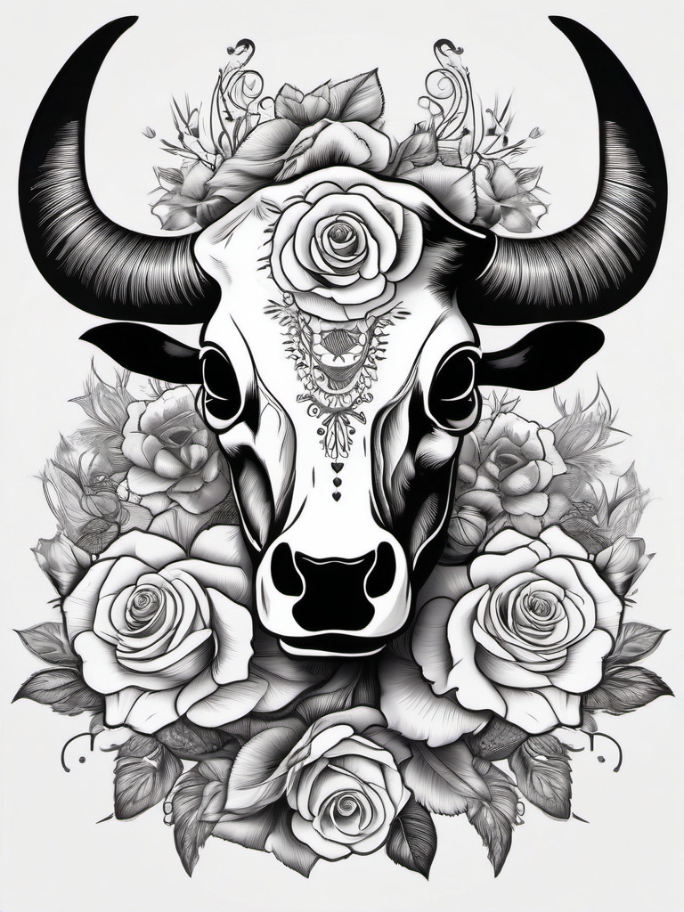 Cow skull with roses design: Balance of life and death.  black and white tattoo style