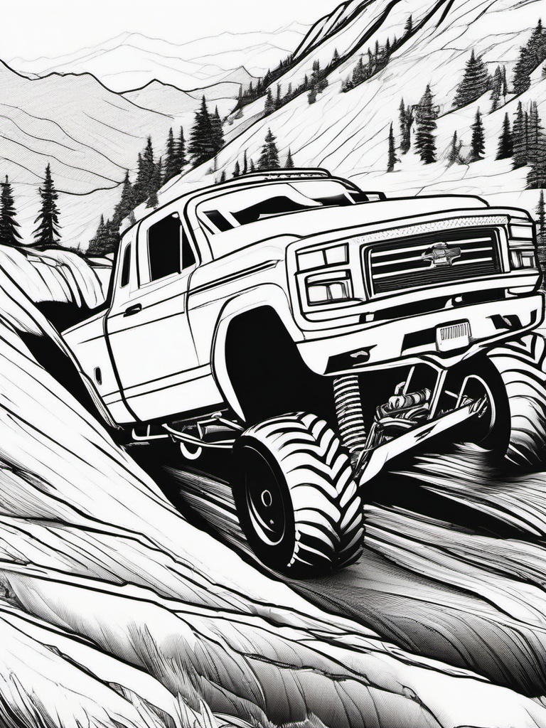 Monster Truck Roaring Downhill Coloring Pages - Trucks Speeding Down Steep Hills  minimal black outline printable sheet, coloring page