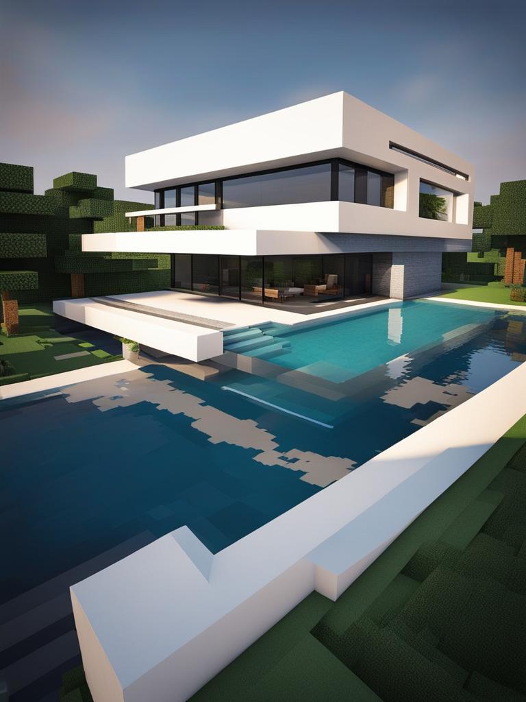 modern mansion with sleek lines and a pool - minecraft house ideas minecraft block style