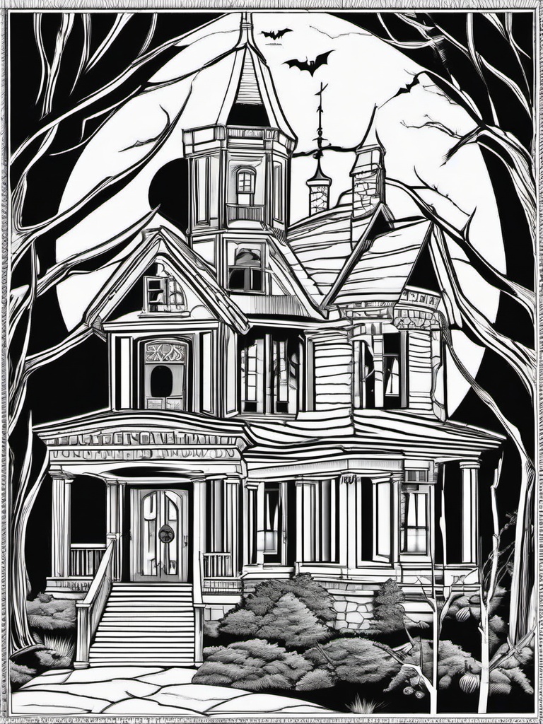 Horror Coloring Pages - Haunted house with flickering lights and broken windows  simple coloring pages