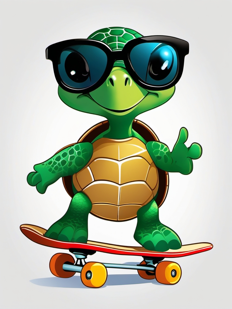 Cartoon Turtle - In a whimsical cartoon world, the turtle wears sunglasses and rides a skateboard with a carefree spirit.  vector art, clipart, minimal